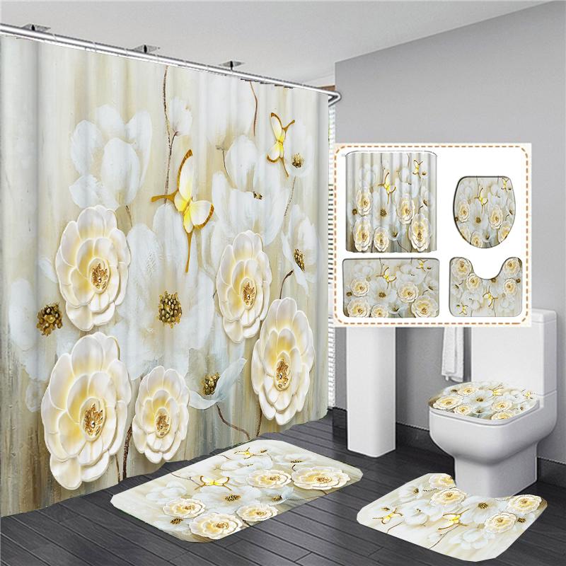 Elegant Bukett Av Fantastiska Vita Blommor 3D-stil Duschdraperi Badrumsgardin Med Badrumsmatta Mattset Blommig Heminredning