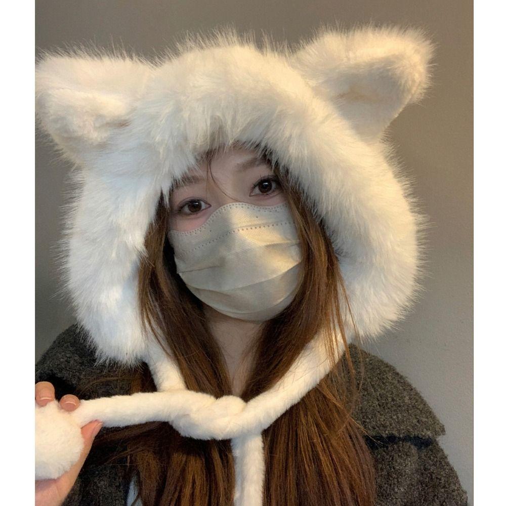 Plush Ear Protection Hat Warm Plush Fox Ears Hat Outdoor Bucket Hat Women