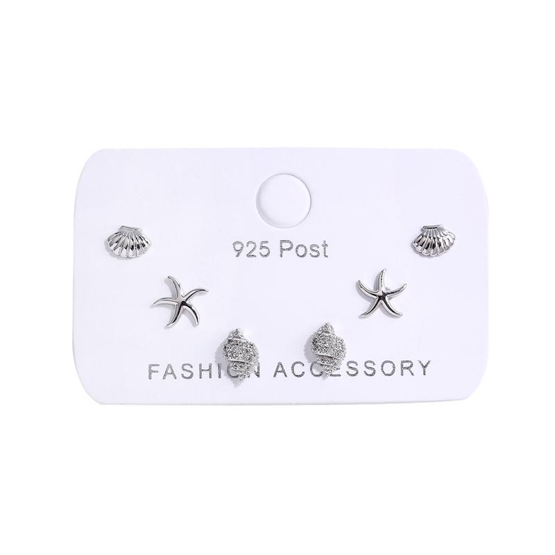ANENJERY New Fashion Conch Starfish Shell Zircon Stud Earrings Set For Women Friend 6-piece Earrings Set Jewelry Gift S-E1209