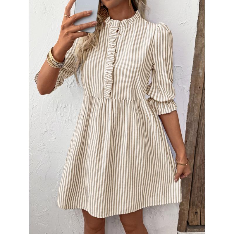 Women's Fashion Summer Spring Stripe Print 1/2 Sleeves O-Neck High Waist Casual Dresses
