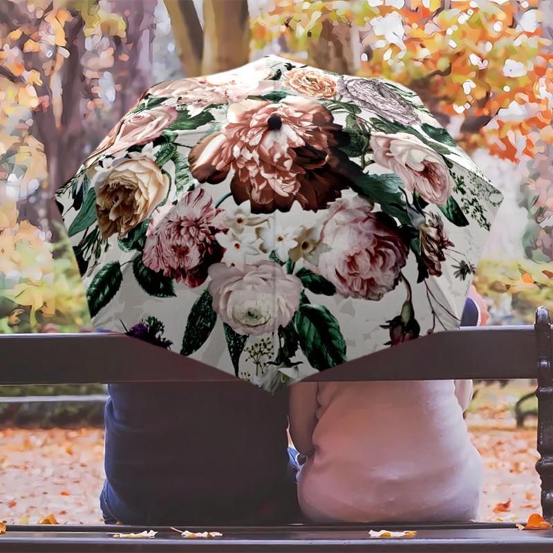Retro flowers (2) Theme Automatic Umbrella Compact 8-Rib Design Sturdy Construction Durable Umbrella Stylish Accessory