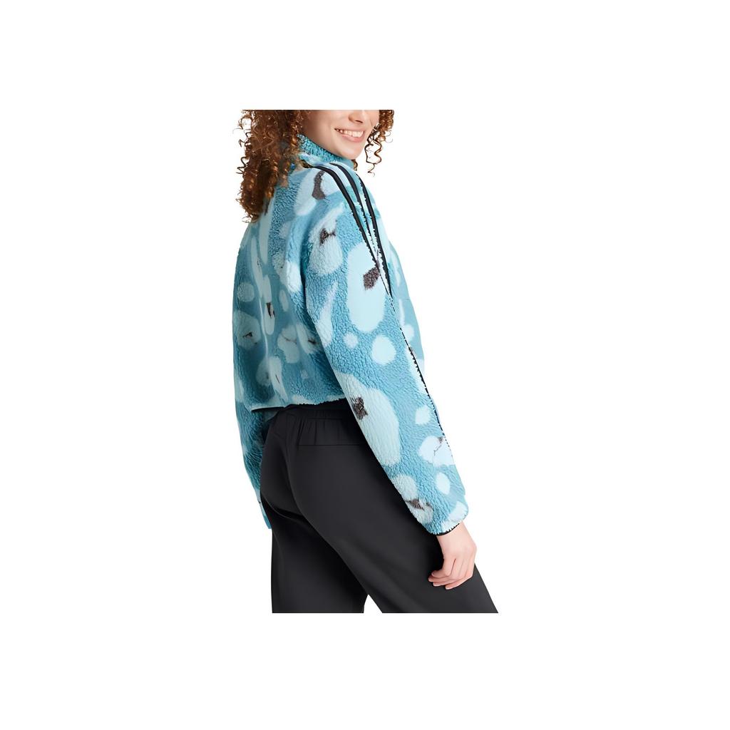 adidas Essentials 3-Stripes Animal Print High Pile Cropped Half-Zip Long Sleeve Sweatshirt Women Tops Blue IY0148