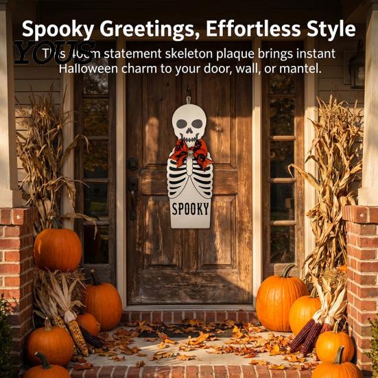 Halloween House Decor Door Sign for Front Door, Wooden Ghost Pumpkin Black Cat Party Supplies Hanger Wreath, Rustic Farmhouse Welcome Porch