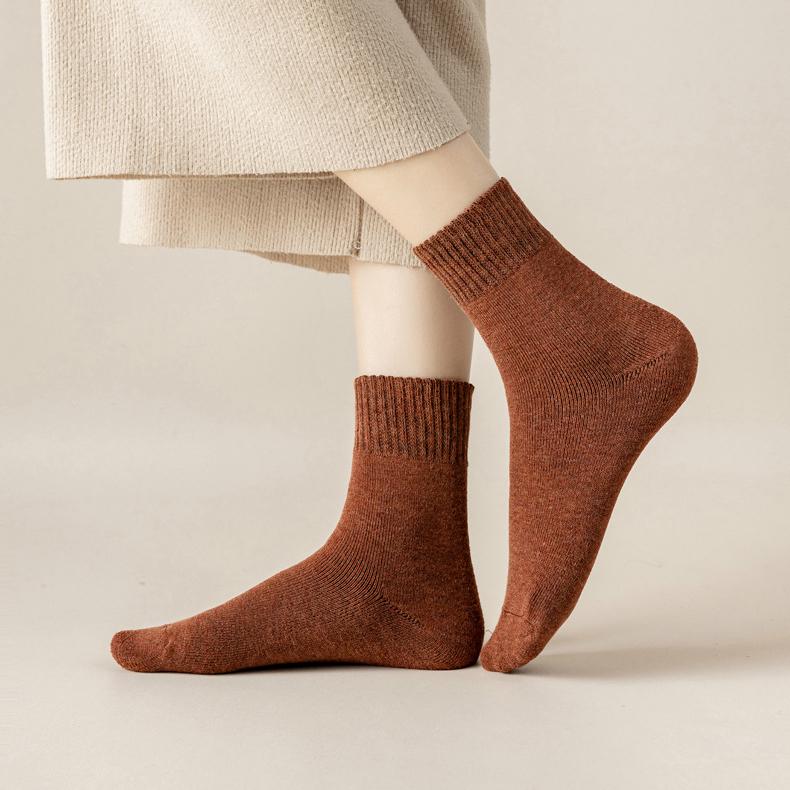 5Pcs/10pcs Autumn and Winter Cotton Socks Women's Mid-tube Solid Color Thickened Fleece Warm Terry Socks