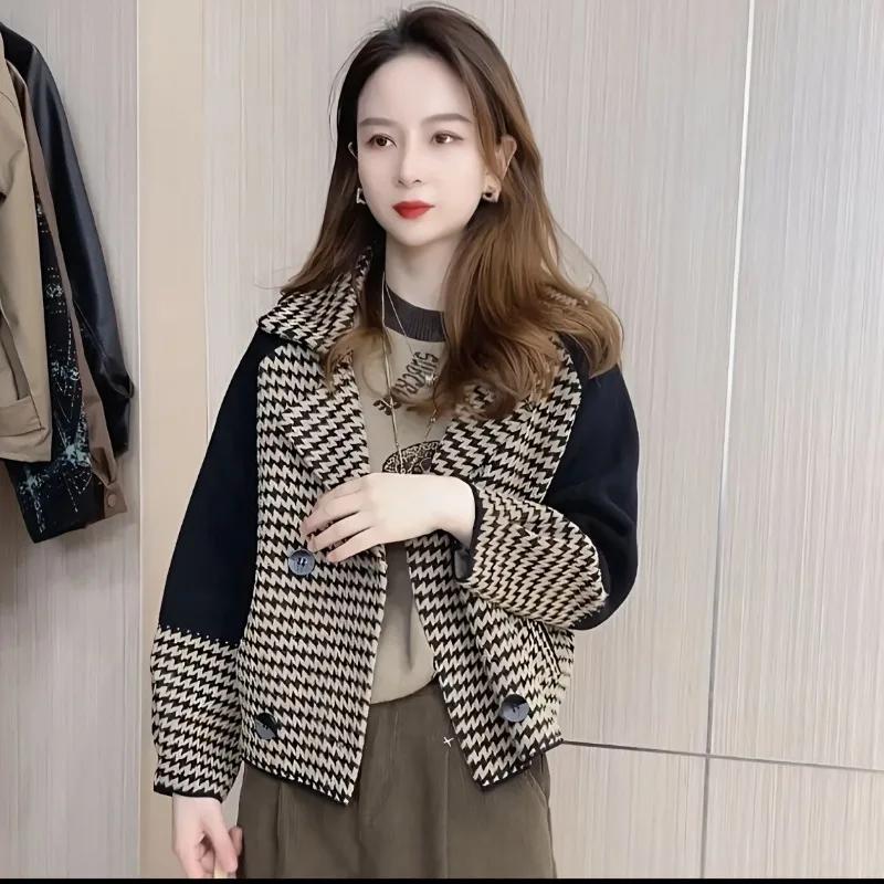 Куртка женская укороченная в клетку, куртка-свитер женская, гусиная лапка, двусторонняя, модная, в стиле «маленький аромат» L коричневый