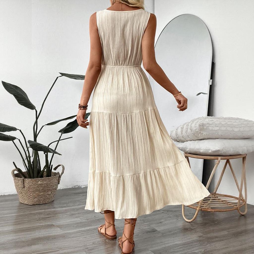 Women's Summer Sleeveless V-Neck Ruffle A-Line Midi Dress