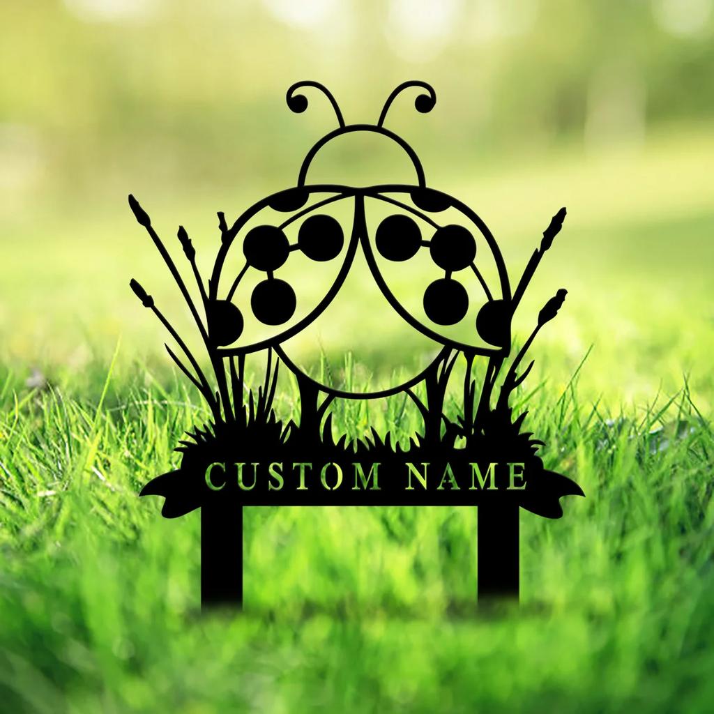 Metal Garden Stake Decor Personalized Ladybugs Outdoor Ornament