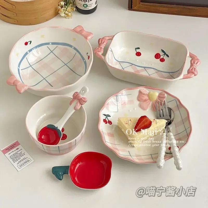 Instagram Cherry Plate Home Vegetable Plate Breakfast Plate High Beauty Dessert Cute Ceramic Tableware Flat Dish Set Decoration