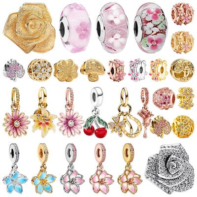 DIY Jewelry Flowers Charms Cherry Blossom Daisy Spacer Clip Lucky Clover Rose In Bloom Beads Fit Snake Chain Bracelets