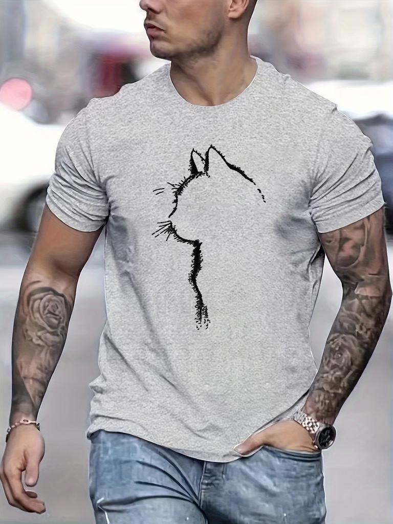 Men's 100% pure cotton summer loose oversized casual comfortable cat pattern printed sports round neck short sleeved T-shirt top