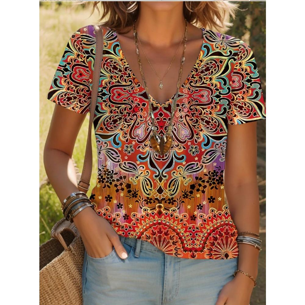 Damen Sommer T-Shirt Vintage Muster Print Kurzarm T-Shirts Lässige Bedruckte Tops