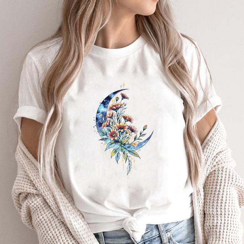 (Asian Size) O-neck Short Sleeve T-shirts Print Casual Top T trend flower style Graphic Tee Fashion Female Women's Clothing