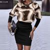 Autumn New Women's Printed Waist Round Neck Long-sleeved Dress Women