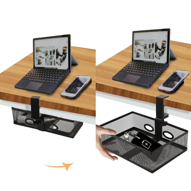 360 Degree Rotating Under Desk Storage Organizer Large Capacity Drawer Office Supplies Holder Metal Wire Basket