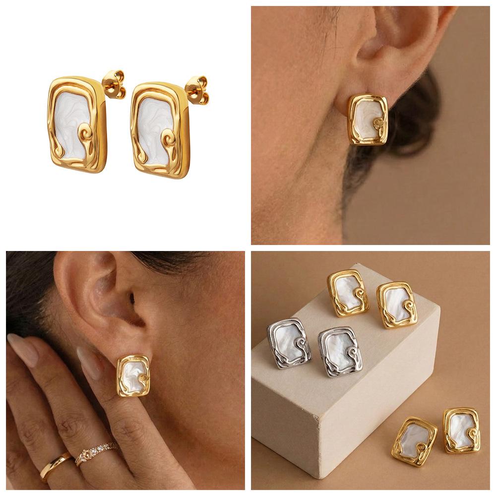 European Luxury Enamel Glaze Square Stud Earrings, 18k Gold-Plated Stainless Steel