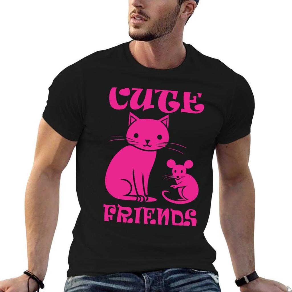 Cat And Mouse Cute Friends Pink TShirt funny t shirts cotton cotton t shirts Unisex 100 t shirt Unisex casual Tshirt