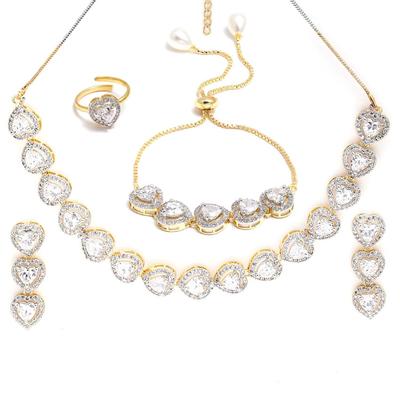 American Diamond Studded Designer Fashion Combo Of Necklace Ring Bracelet and Earring Jewellery Set For Women and Girl