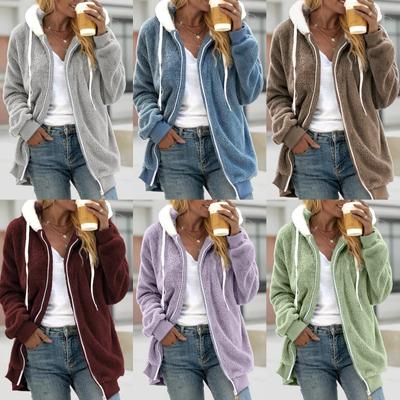Venta Caliente Nueva Chaqueta Holgada de Felpa con Cremallera y Capucha para Mujer Otoño Invierno
