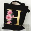 26 Golden Alphabet Floral Tote Bags for Women Large Capacity Canvas Casual New Flower Alphabet Printed Female Reusable Handbag