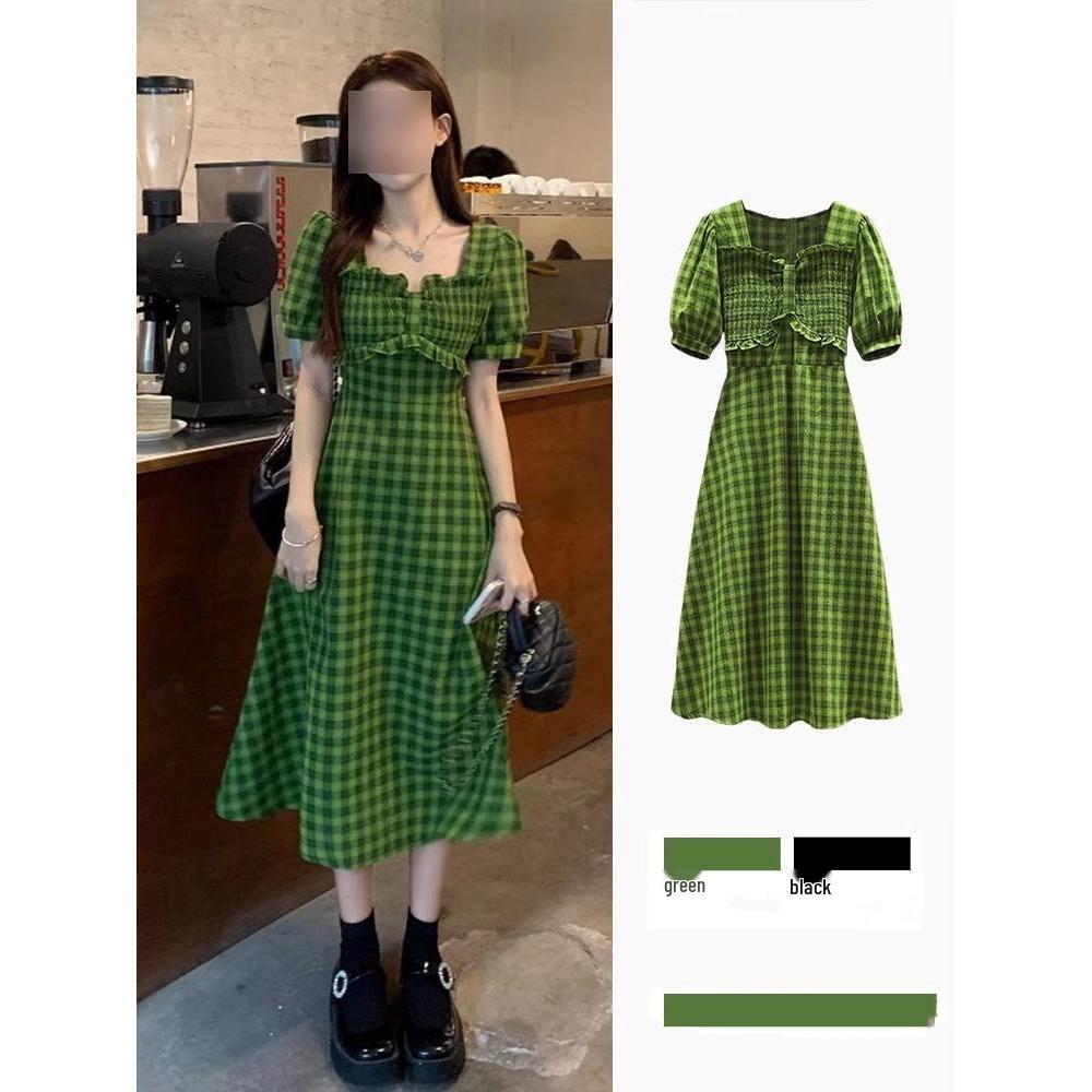 

Chic French Plaid Puff Sleeve Square Neck Dress - Summer Slimming Style M (46-50 kg)
