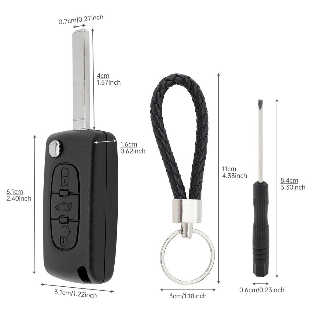 3 Buttons Citroen Flip Key Fob Case Replacement for 207 307 308 407 C1 C2 C3 C4 with Keychain Screwdriver Wear Resistant