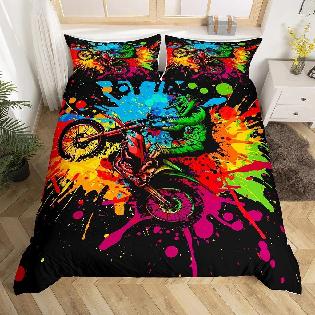 Dirt Bike King Queen Duvet Cover Motocross Sports Bedding Set Motorcycle Quilt Cover Youth Cool Black White Soft Comforter Cover