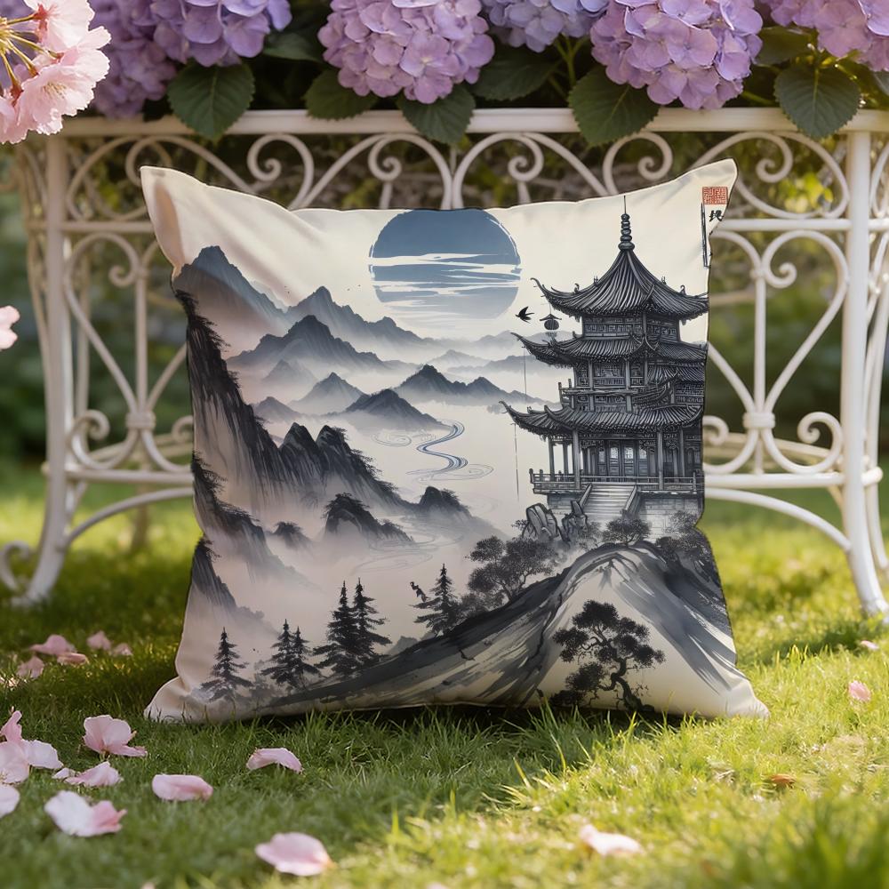 Chinese Ink Painting Style Cushion Cover Home & Car Dual-Scene Pillow Cover: Reversible for Premium Comfort