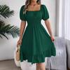 Women's Square Neck Puff Sleeve Pleated Waist Ruffle Hem Dress
