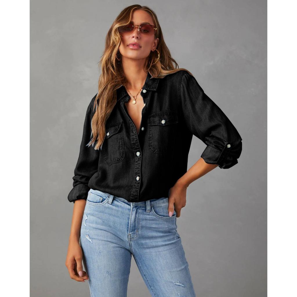 Women's Long Sleeve Denim Shirt 2025 Autumn Casual Lapel Single Breasted for JOOM Europe America