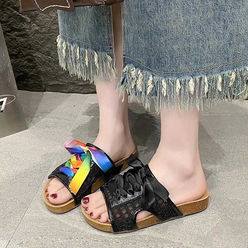 Fashion 2025 New Ladies Shoes Lace-up Women's Slippers Fashion Color Matching Outdoor Casual Summer Plus Size Best Seller Flat Slippers