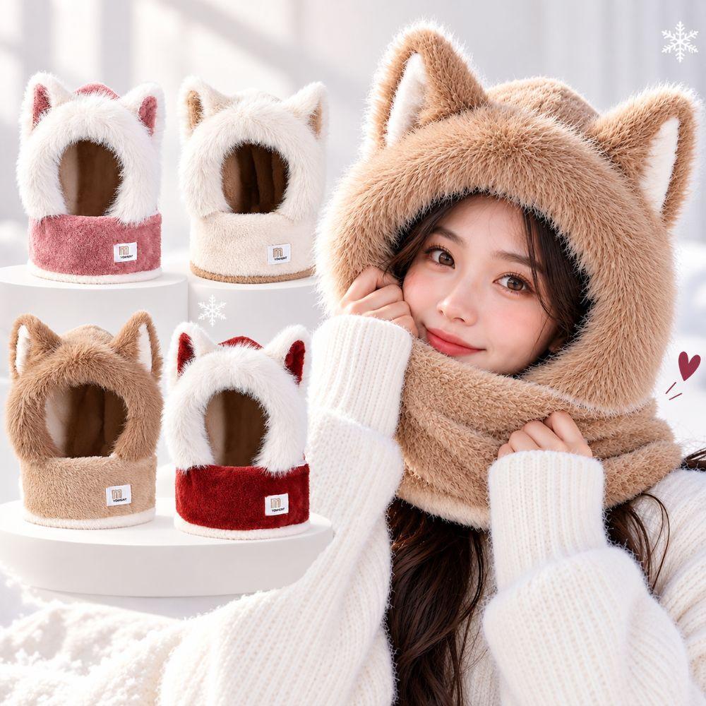 keep warm Women's Scarf Hat Thick Fluffy Hat Scarf Cute Ear Protection Hat Winter