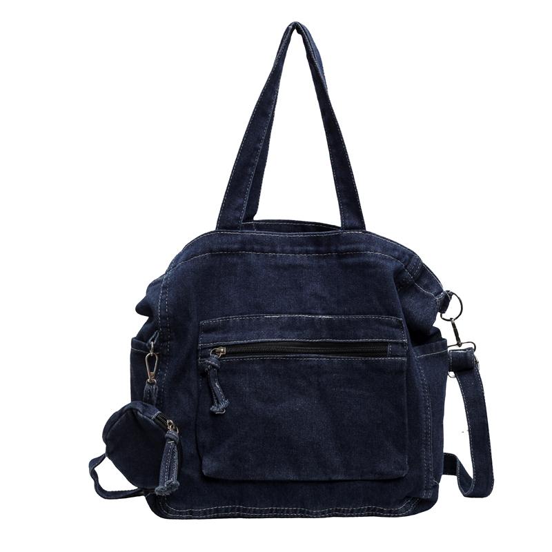 

Сумка-тоут из денима для женщин, большая вместимость, сумка для студентов, для поездок на работу, на плечо темно-синий