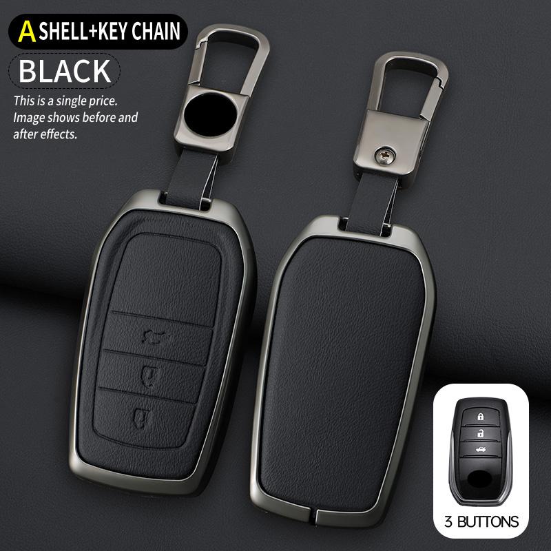 Car Zinc Alloy Leather Key Cases Holder Cover Chain For Toyota Prado Land Cruiser Camry CHR RAV4 3Buttons Protective Shell Bag