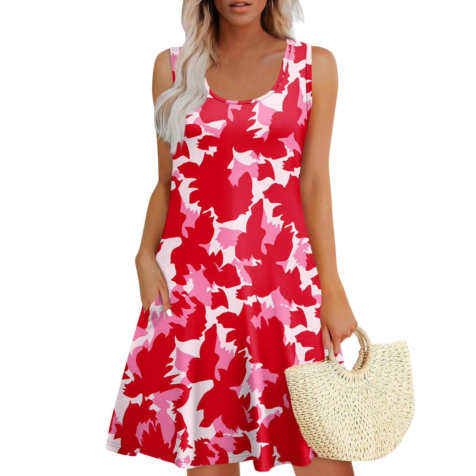 

Женское летнее повседневное платье U-образного кроя с завязкой и карманом, популярное цветочное платье с принтом M красный