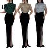 Bodycon Sequin Dress Women Glitter Round Neck Sleeveless High Waist Lady Elegant Sequins Split Long Evening Party Gown Chic Cocktail