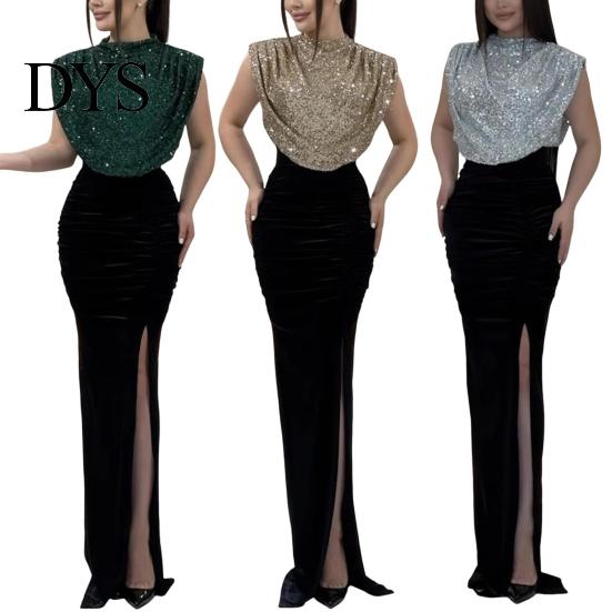 Bodycon Sequin Dress Women Glitter Round Neck Sleeveless High Waist Lady Elegant Sequins Split Long Evening Party Gown Chic Cocktail