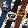 Forsining Mens Skeleton Automatic Self Wind Mechanical Movement Watches Waterproof Luminous Square Dial Silicone Strap Wrist Watch