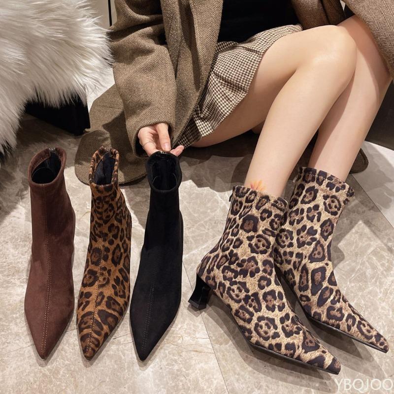 Large size fashion boots women mid heel pointed toe back zipper short boots autumn leopard print elastic women slim boots