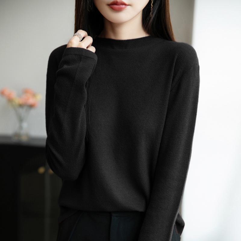 2026 Autumn Women's Thin Wool Blend Knitwear, Half-High Neck Long Sleeve Korean Style Sweater