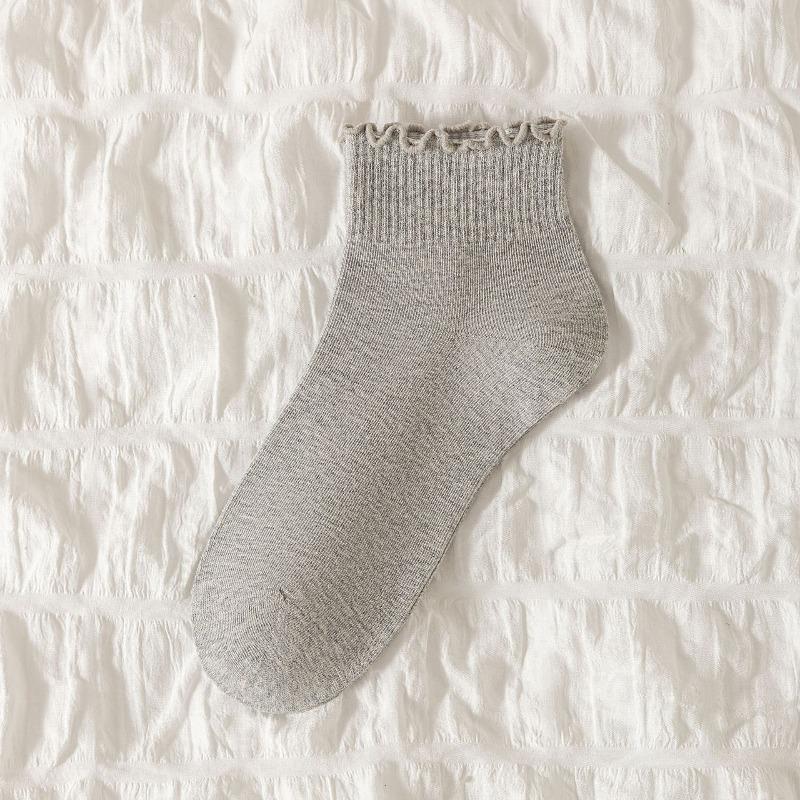 Women's Cotton Boneless Spring and Autumn Socks with Black Fungus Edges, Sweat-absorbing Lace Mid-calf Socks, Solid Color Socks