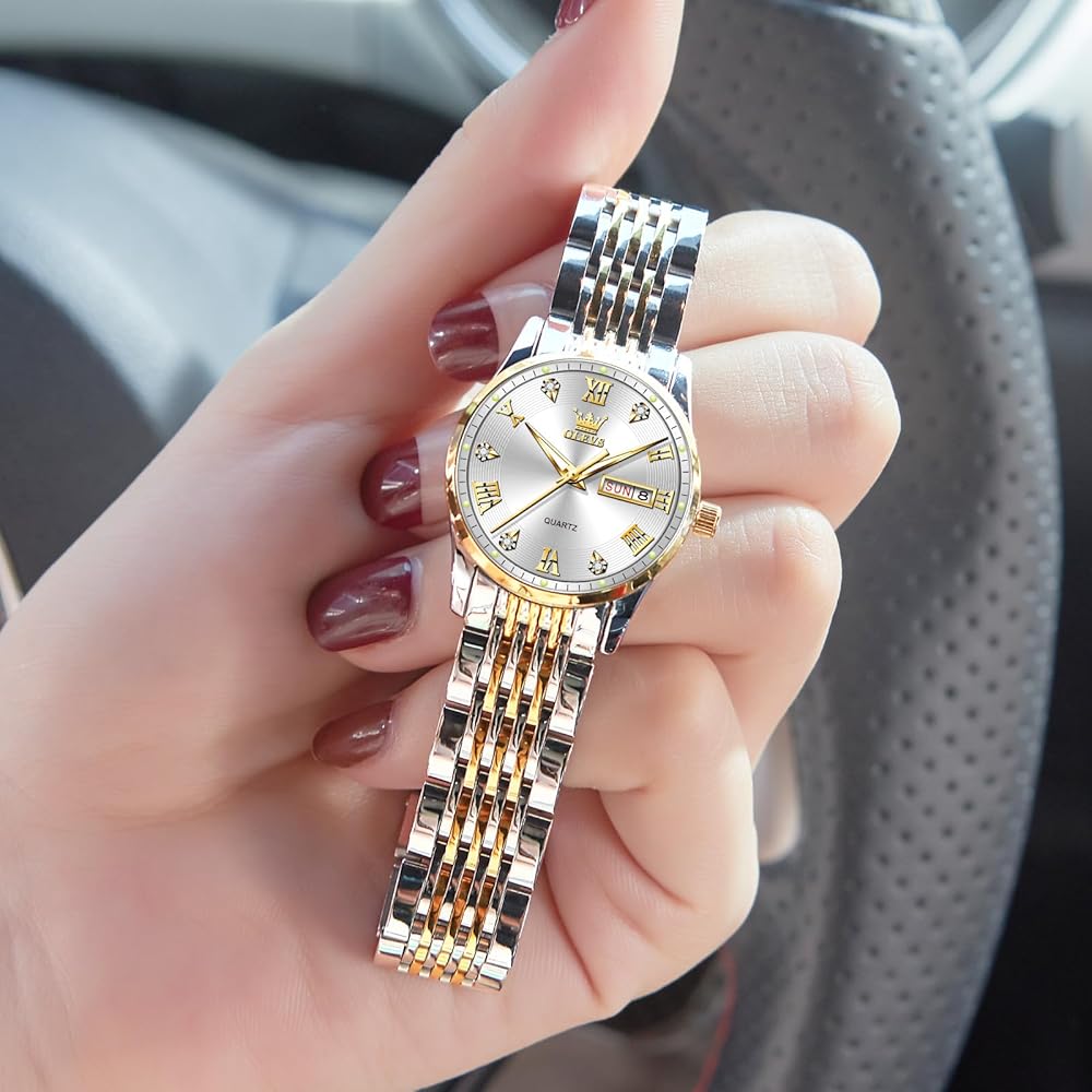 OLEVS Women's Analog Quartz Watch Waterproof Luminous Gold White Stainless Steel Band Fashion Timepiece