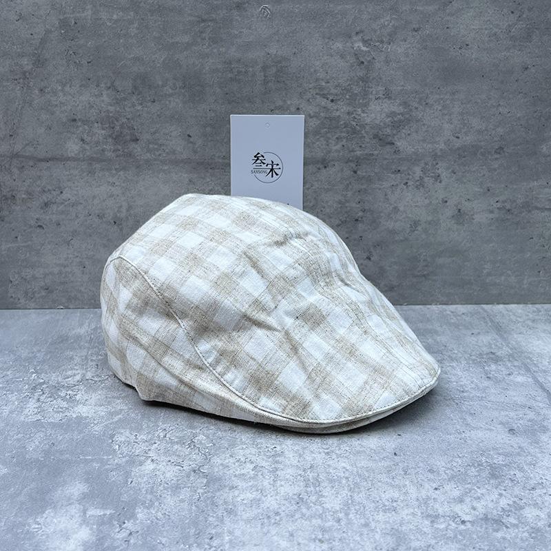Cotton And Linen Plaid Breathable Forward Hat Casual Face Peaked Cap Women'S Summer Retro Japanese Retro Newsboy Hat