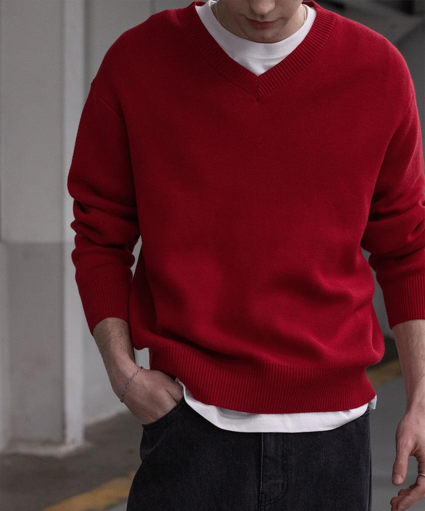 Dekkoloso Soft Cotton V-Neck Knit [Deep Red]