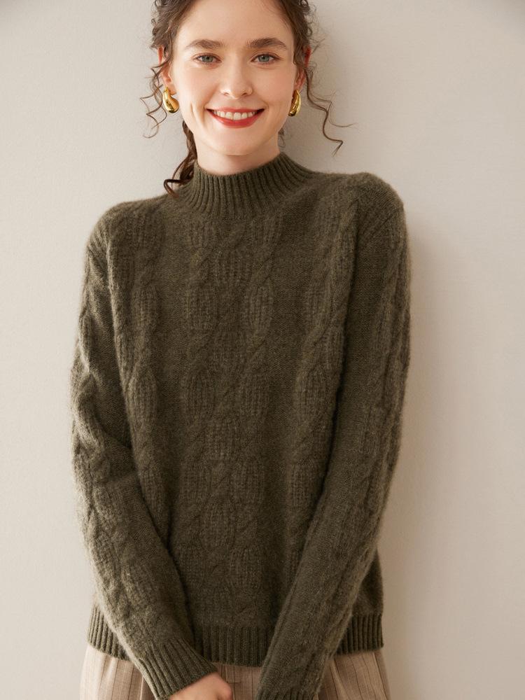 Women's Heavy Gauge Cashmere Cable Knit Sweater, Half-High Neck, Long Sleeve, Thickened Loose Pullover for Autumn Winter.