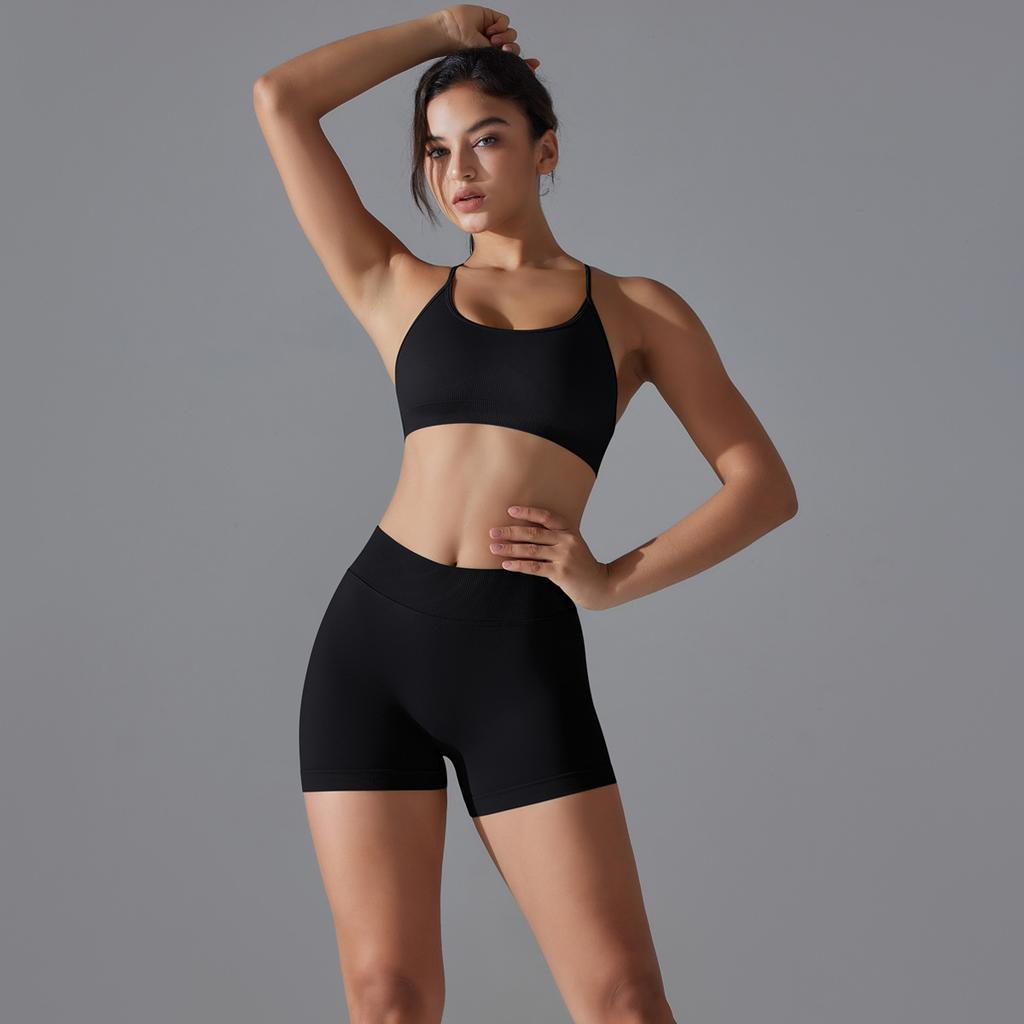 Seamless Solid Color Cross Beauty Back High Elastic Tight Sports Underwear Yoga Suit Running Fitness Two-piece Set