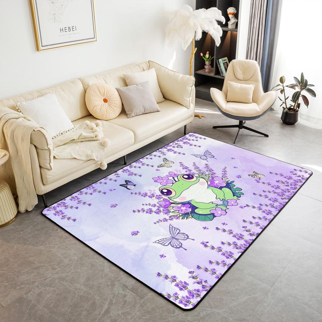 Purple Flowers Rug Watercolor Lavender Carpet Romantic Floral Doormat for Girls Teen,Wild Country Style Garden Flower Floor Mat