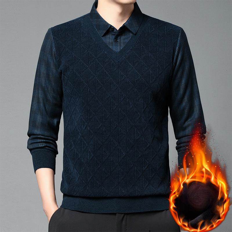 Fejk tvådelad pappaoutfit plus sammetstjock tröja för män vinter ny affärsmässig avslappnad varm och kall stickad bottenskjorta