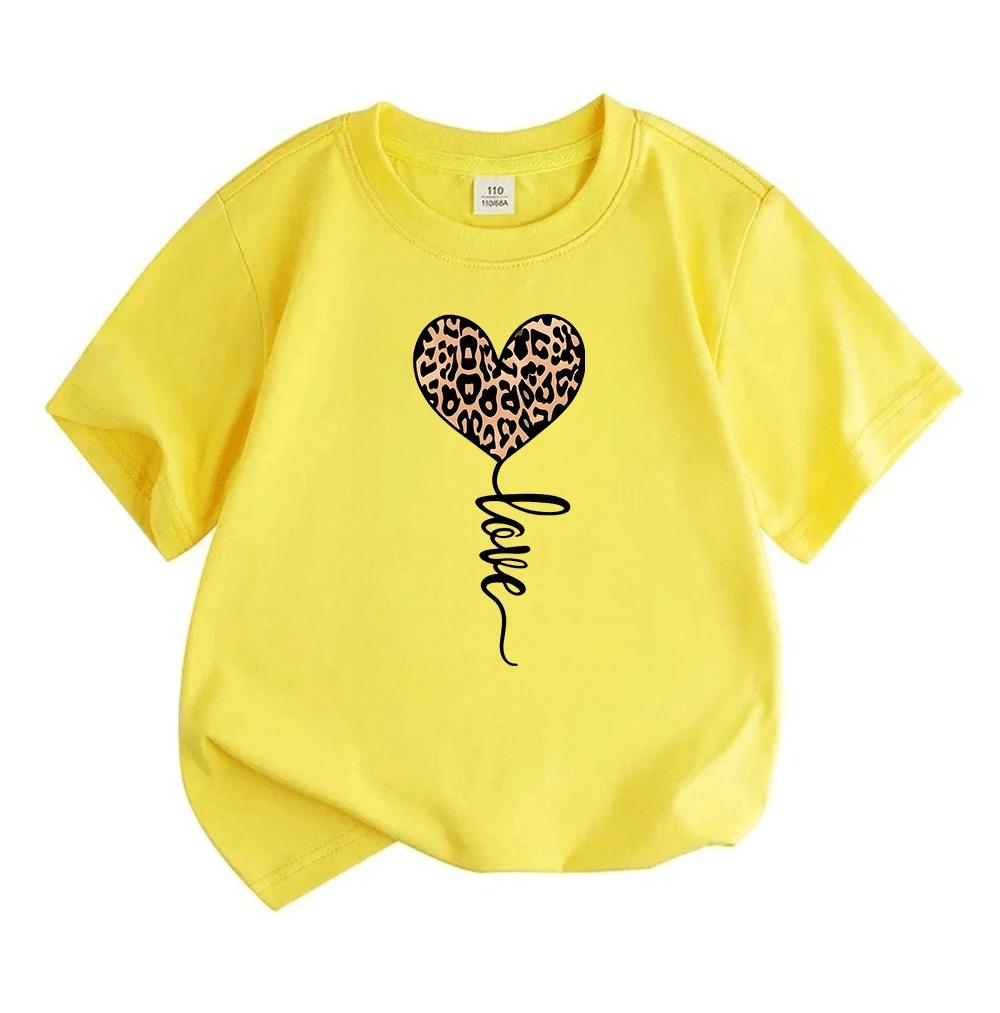 Kids Boys Girls 100% Cotton Crew Neck Short Sleeve T-Shirt, Cute Leopard Print Heart Balloon Casual Summer Tee Tops for Children Daily Wear