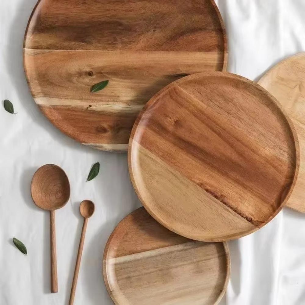 Solid Wood Serving Platter Tray Round Wooden Tea Tray Plate Dinner Plates  For Food Snack Dishs