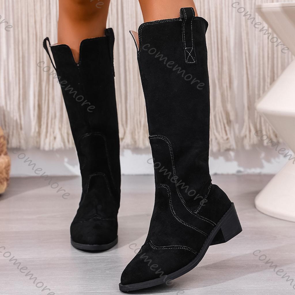 Fashion Comemore Autumn Knee High Boots Women Pointed Suede Chunky Heeled Women's Shoes Retro V-mouth Fashion Thigh-high Botas Femmes